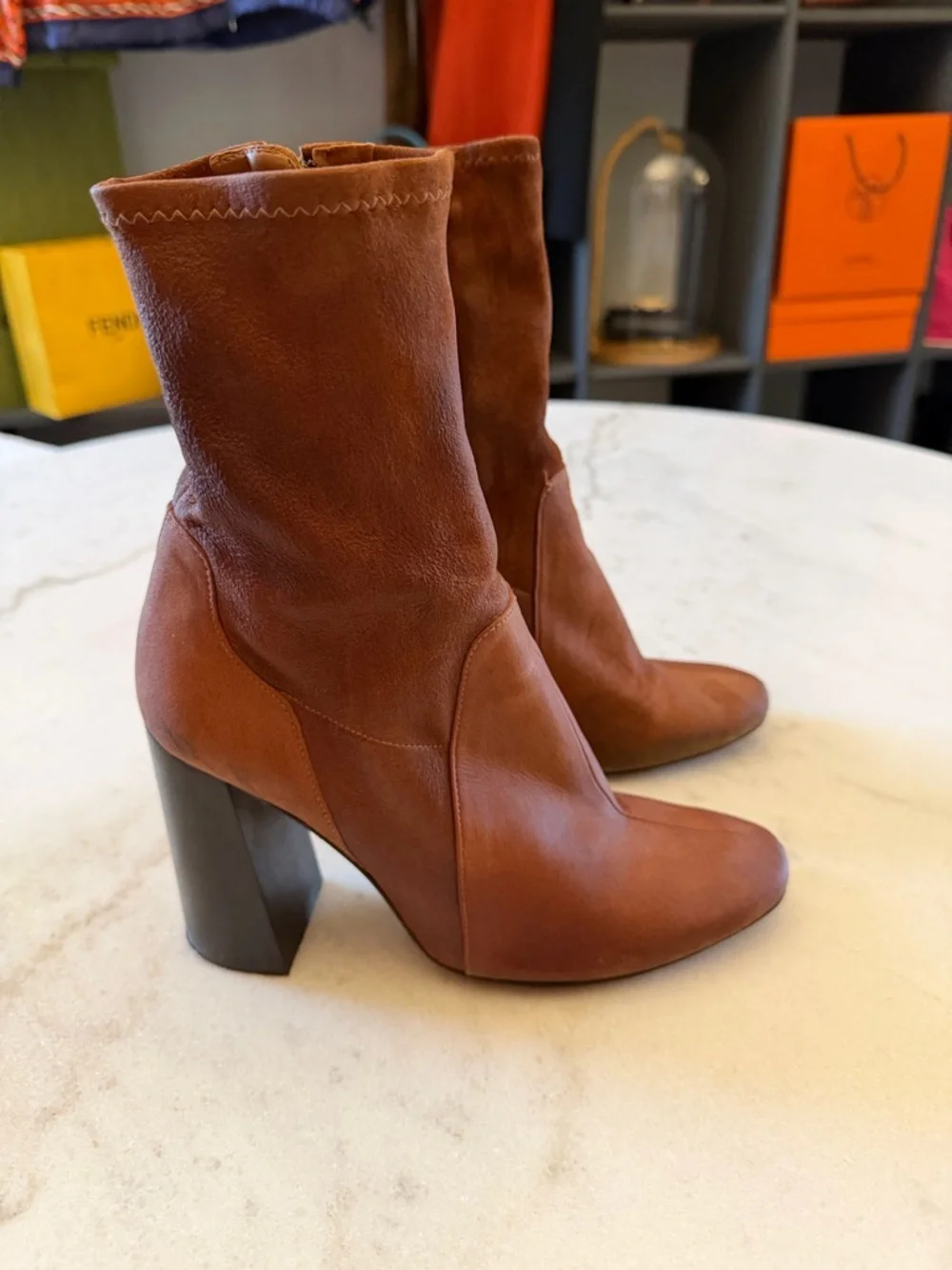 Brown Leather Ankle Boots Block Heel Pointed Toe Booties Chic Minimalist Style